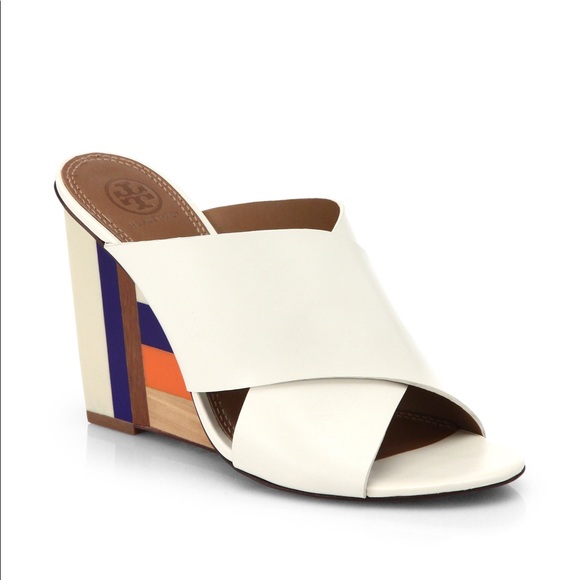 Tory Burch Leather Perspex Wedge Mules Cube Leather Crossover Wedge Sandals - Picture 3 of 16